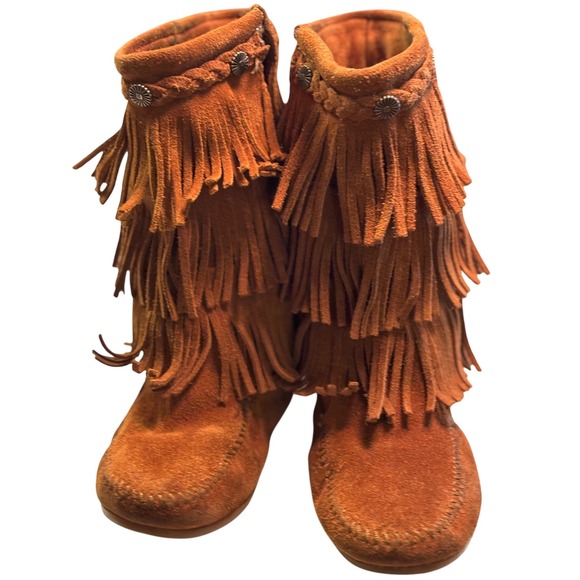 Minnetonka Girls Brown Suede Real Leather Triple Fringe Boots Size 13 Kids EUC - Picture 1 of 12